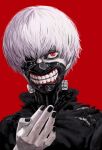  1boy black_nails eyepatch fingernails hand_up highres kaneki_ken looking_at_viewer male_focus mask mouth_mask nail_polish one_eye_covered red_background red_eyes sakkan simple_background solo teeth tokyo_ghoul upper_body white_hair 