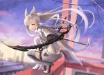  1girl absurdres animal_ear_fluff animal_ears arknights bow_(weapon) building cloak compound_bow grey_hair highres hitsuji_no_rice holding holding_bow_(weapon) holding_weapon horse_ears horse_girl horse_tail huge_filesize long_hair looking_at_viewer platinum_(arknights) shorts solo squatting tail weapon white_cloak white_hair white_shorts 