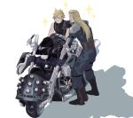  2boys armor blonde_hair blush boots cloud_strife final_fantasy final_fantasy_vii final_fantasy_vii_remake ground_vehicle highres long_hair male_focus motor_vehicle motorcycle mullet multiple_boys open_mouth poi_poifu roche_(ff7r) shadow shoulder_armor simple_background sitting sleeveless smile sparkle spiky_hair standing suspenders sweat white_background 
