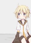  1boy arm_warmers black_collar black_sleeves blonde_hair blue_eyes blush collar commentary coronavirus_pandemic grey_background highres hitode kagamine_len looking_to_the_side male_focus necktie sailor_collar school_uniform shirt short_sleeves sitting solo symbol_commentary vocaloid white_shirt yellow_neckwear 