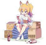  1girl alcohol animal_ear_fluff animal_ears blonde_hair bottle box crossed_ankles cup fang fox_ears hand_on_own_chin highres holding holding_cup japanese_clothes original ponytail ribbon-trimmed_sleeves ribbon_trim roku_no_hito sash shorts sitting socks solo tabi violet_eyes white_background wide_sleeves wine 