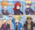  6+boys bangs beldum black_jacket black_sweater blonde_hair blue_eyes blue_hair blue_jacket blue_oak blurry blurry_background clenched_teeth closed_eyes closed_mouth collarbone collared_shirt commentary_request crossed_arms eyebrows_visible_through_hair eyewear_on_head gen_3_pokemon grey_eyes guzma_(pokemon) highres jacket jewelry long_sleeves looking_to_the_side male_focus morty_(pokemon) multicolored_hair multiple_boys necklace orange_hair pokemoa pokemon pokemon_(game) pokemon_dppt pokemon_hgss pokemon_masters_ex pokemon_oras pokemon_sm purple_headband purple_scarf red_neckwear redhead scarf shirt silver_(pokemon) smile spiky_hair steven_stone sunglasses sweater teeth thought_bubble turtleneck two-tone_hair volkner_(pokemon) white_hair white_shirt yellow-framed_eyewear 