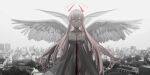  1girl bangs bare_arms bare_shoulders blood bloody_clothes blurry blurry_background breasts chihuri cityscape collarbone depth_of_field dress eyebrows_visible_through_hair feathered_wings grey_sky hair_between_eyes highres long_hair looking_at_viewer medium_breasts monochrome_background multiple_wings original pink_hair red_eyes sky sleeveless sleeveless_dress solo very_long_hair white_dress white_wings wings 