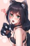  1girl animal_ear_fluff animal_ears bangs bare_shoulders black_bra black_hair blush bra breasts cat_ears cat_girl cat_hair_ornament choker gloves green_eyes hair_ornament highres hua-j karyl_(princess_connect!) long_hair looking_at_viewer low_twintails multicolored_hair open_mouth paw_gloves paws princess_connect! princess_connect!_re:dive small_breasts streaked_hair twintails underwear 