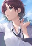  1girl asakura_tooru bangs black_neckwear blue_eyes blue_hair blue_sky breasts brown_hair clouds collared_shirt commentary_request day dress_shirt earrings eyebrows_visible_through_hair hair_between_eyes hand_up highres idolmaster idolmaster_shiny_colors jacket_over_shoulder jewelry looking_away looking_to_the_side multicolored_hair necktie outdoors parted_lips revision shirt short_hair sky small_breasts solo streaked_hair suketoudara_(artist) upper_body white_shirt 