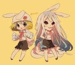  1girl animal_ears bangs black_sclera black_skirt blonde_hair blush breasts carrot_(one_piece) chibi gloves hat large_breasts long_hair one_piece open_mouth paw_gloves paws rabbit_ears rabbit_girl red_eyes short_hair simple_background skirt sleeveless smile tail tokuura white_hair yellow_background 