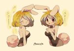  1girl animal_ears bangs bare_shoulders blonde_hair blush breasts bunny_tail carrot_(one_piece) closed_eyes detached_collar fishnet_legwear fishnets large_breasts leotard multiple_views one_piece open_mouth playboy_bunny rabbit_ears rabbit_girl red_eyes short_hair smile strapless tail tokuura wrist_cuffs 