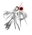  +_+ 1girl absurdres axe battle_axe bodysuit breasts bright_pupils character_request closed_mouth copyright_request covered_navel full_body headgear high_heels highres long_hair medium_breasts mosquito_coils polearm see-through silver_hair simple_background solo symbol-shaped_pupils twintails very_long_hair weapon white_background yellow_eyes 