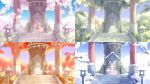  arch blurry brown_eyes chocolatte commentary_request day eevee fur gen_1_pokemon grass highres looking_at_viewer looking_to_the_side no_humans outdoors paws peeking_out pokemon pokemon_(creature) rope shrine sitting sky snow stairs standing tree 