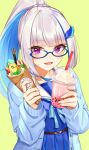  1girl :d bangs blue-framed_eyewear blue_bow blue_cardigan blue_serafuku blue_shirt blue_skirt blush bow cardigan commentary_request crepe cup disposable_cup drinking_straw eyebrows_visible_through_hair food glasses green_background hachinatsu hair_ornament hands_up high_ponytail holding holding_cup holding_food lize_helesta long_sleeves looking_at_viewer multicolored_hair nijisanji open_cardigan open_clothes open_mouth pleated_skirt pocky ponytail sailor_collar school_uniform sebastian_piyodore semi-rimless_eyewear serafuku shirt sidelocks silver_hair simple_background skirt sleeves_past_wrists smile solo two-tone_hair under-rim_eyewear violet_eyes virtual_youtuber white_sailor_collar 