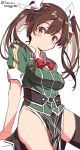  1girl asymmetrical_legwear breasts brown_hair commentary_request cowboy_shot green_shirt hair_between_eyes hair_ribbon highres kantai_collection laco_soregashi long_hair looking_at_viewer pelvic_curtain red_neckwear remodel_(kantai_collection) ribbon shirt side_slit simple_background single_thighhigh small_breasts solo thigh-highs tone_(kantai_collection) twintails twitter_username white_background 