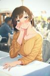  1girl bangs blew_andwhite blurry blurry_background blush brown_eyes brown_hair casual chair closed_mouth hand_on_own_cheek highres hiryuu_(kantai_collection) jewelry kantai_collection looking_at_viewer necklace ribbed_sweater ring short_hair sitting smile sweater table yellow_sweater 