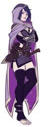  1girl ankle_belt arm_guards barefoot belt blushy-pixy cloak crossed_arms fingerless_gloves gloves hood hooded_cloak knife official_art original pouch purple_hair rogue_(spicyquest) smile spicyquest toeless_legwear toes utility_belt violet_eyes 