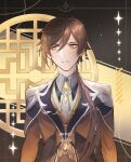  1boy bangs black_hair collar formal genshin_impact hair_between_eyes highres jacket jewelry long_hair long_sleeves looking_to_the_side lord_ezyn male_focus multicolored_hair open_mouth ponytail single_earring solo star_(symbol) suit yellow_eyes zhongli_(genshin_impact) 