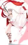  1girl alternate_costume alternate_hairstyle armlet bare_shoulders bracelet commentary_request dancer dress edelgard_von_hresvelg fire_emblem fire_emblem:_three_houses fire_emblem:_three_houses fire_emblem_16 floating_hair highres holding holding_sword holding_weapon intelligent_systems jewelry long_hair looking_at_viewer mueririko necklace nintendo parted_lips pelvic_curtain ponytail shawl side_ponytail silver_hair solo sword teeth violet_eyes weapon white_background white_dress 