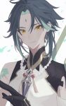  1boy arm_tattoo bangs bead_necklace beads black_gloves facial_mark forehead_mark genshin_impact gloves green_hair highres jewelry male_focus necklace poi_poifu simple_background sleeveless smile solo tassel tattoo upper_body white_background xiao_(genshin_impact) yellow_eyes 