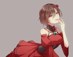  1girl akujiki_musume_conchita_(vocaloid) arched_back aryuma772 banica_conchita bare_shoulders breasts brown_eyes brown_hair choker corset detached_sleeves dress evillious_nendaiki finger_licking fingers_to_mouth flower frilled_dress frills grey_background hair_flower hair_ornament highres jewelry large_breasts licking meiko red_dress red_flower red_nails red_rose rose short_hair solo tongue tongue_out vocaloid 