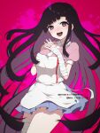  1girl :d apron bandaged_arm bandaged_leg bandages bangs black_hair blush collared_shirt commentary dangan_ronpa fingers_together highres long_hair looking_at_viewer mole mole_under_eye nurse open_mouth puffy_short_sleeves puffy_sleeves shirt short_sleeves simple_background skirt smile solo super_dangan_ronpa_2 takae_(poupee_en_biscuit) tsumiki_mikan very_long_hair violet_eyes 