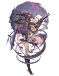  1girl absurdly_long_hair absurdres animal_ears bell black_hair dual_wielding elbow_gloves erune fox_ears fox_tail full_body fur gloves granblue_fantasy granblue_fantasy_versus hair_bell hair_ornament highres holding holding_sword holding_weapon huge_filesize jingle_bell long_hair open_mouth ribbon solo sword tail tail_ribbon thigh_ribbon toeless_legwear very_long_hair violet_eyes weapon yuel_(granblue_fantasy) 