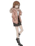  1girl adjusting_scarf black_skirt boots brown_eyes brown_hair full_body hair_ornament hairclip hand_in_pocket highres if959u jacket miniskirt misaka_mikoto pink_jacket scarf shirt short_hair simple_background skirt solo standing to_aru_kagaku_no_railgun to_aru_majutsu_no_index white_background white_shirt 