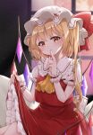  1girl ascot blonde_hair collared_shirt commentary_request eyebrows_visible_through_hair finger_to_mouth flandre_scarlet frilled_shirt_collar frills haruki_(colorful_macaron) hat hat_ribbon highres index_finger_raised lifted_by_self mob_cap one_side_up orange_eyes petticoat red_ribbon red_shirt red_skirt ribbon shirt short_sleeves shushing skirt skirt_lift skirt_set solo touhou white_headwear wings wrist_cuffs yellow_neckwear 
