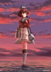  1girl absurdres adapted_turret binoculars brown_eyes brown_hair brown_neckwear cannon clouds dress full_body grey_sailor_collar highres kantai_collection looking_to_the_side neckerchief ocean outdoors red_shirt rudder_footwear sagoromo_04 sailor_collar sailor_shirt shirt short_hair signature solo standing standing_on_liquid sunset tan_yang_(kantai_collection) turret water white_dress yukikaze_(kantai_collection) 