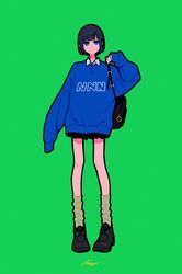  1girl absurdres bag black_footwear black_hair black_skirt blue_eyes blue_sweater collared_shirt full_body green_background green_legwear highres long_sleeves looking_at_viewer original print_sweater shirt shoes short_hair shoulder_bag simple_background skirt solo standing sweater white_shirt yoshi_mi_yoshi 