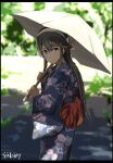  1girl alternate_costume artist_name black_hair blue_kimono brown_eyes floral_print hair_between_eyes hair_ornament hairband hairclip haruna_(kantai_collection) highres holding holding_umbrella japanese_clothes kantai_collection kimono long_hair obi red_obi sash seitei_(04seitei) smile solo umbrella white_hairband yukata 