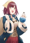  1girl :d absurdres atelier_(series) atelier_sophie backpack bag bangs bottle brown_eyes brown_hair highres jewelry leglet4 medium_hair necklace open_mouth potion red_skirt simple_background skirt smile solo sophie_neuenmuller standing white_background wide_sleeves 