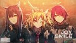  3girls animal_ear_fluff animal_ears arknights bangs black_gloves black_hair blonde_hair commentary_request exusiai_(arknights) eyebrows_visible_through_hair fingerless_gloves food gloves hair_between_eyes hair_over_one_eye halo holding holding_food id_card jacket long_hair long_sleeves looking_at_another multiple_girls pocky red_eyes redhead short_hair smile sora_(arknights) teeth texas_(arknights) upper_body white_jacket wolf_ears x13710557267 