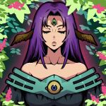  1girl akairiot bare_shoulders blue_eyes closed_eyes dress duel_monster eyelashes flower green_sclera highres leaf long_hair off-shoulder_dress off_shoulder parted_lips pink_flower plant purple_hair solo third_eye upper_body witch_of_the_black_forest yu-gi-oh! 