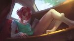  1girl ahoge ami_enan bare_legs barefoot car_interior car_seat feet flat_chest hair_over_eyes highres hood hoodie looking_at_object lupin_iii no_pants panties redeyehare redhead serious shirt short_hair sitting tablet_pc underwear 