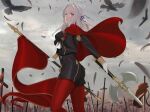  absurdres ass axe bird blue_eyes breasts cape clouds cloudy_sky crow eagle eagle_union_(emblem) edelgard_von_hresvelg fire_emblem fire_emblem:_three_houses flag gloves grey_background hair_ribbon highres looking_at_viewer quatthro red_cape ribbon sky sword uniform weapon white_gloves white_hair 