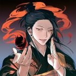  1boy black_background black_eyes black_hair black_kimono blue_background ear_piercing getou_suguru gradient gradient_background hair_bun hands_up japanese_clothes jujutsu_kaisen kimono long_hair long_sleeves looking_at_viewer magic male_focus mayer open_hand open_mouth piercing smile solo tsurime upper_body 