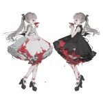  2girls bangs black_dress black_footwear blood bloody_clothes cup dress drinking grey_hair holding holding_cup long_hair multiple_girls nekosuke_(oxo) original pointy_ears ponytail profile red_eyes shoes simple_background sleeveless sleeveless_dress white_background white_dress 