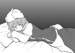  1girl absurdres blush fujimi_nao grey_background hair_between_eyes hat highres letty_whiterock long_sleeves looking_at_viewer lying monochrome on_bed on_side pillow short_hair simple_background smile solo touhou white_headwear 
