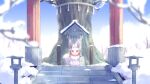  arch blurry brown_eyes chocolatte commentary_request day eevee fur gen_1_pokemon highres looking_at_viewer no_humans outdoors paws pokemon pokemon_(creature) shrine sitting snow solo stairs tree 
