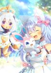  2girls :d ^_^ animal_ear_fluff animal_ears bangs bare_shoulders black_gloves blue_eyes blue_hair blurry blurry_background boots bow character_request chestnut_mouth closed_eyes crossover depth_of_field detached_sleeves dress eyebrows_visible_through_hair fang genshin_impact gloves hair_between_eyes hair_bow halo hug indie_virtual_youtuber knee_boots kouu_hiyoyo long_hair long_sleeves multiple_girls open_mouth paimon_(genshin_impact) parted_lips partially_fingerless_gloves pink_bow pokemon pokemon_(game) shimo_hisae silver_hair sleeves_past_wrists smile sylveon vambraces violet_eyes white_dress white_footwear white_sleeves 