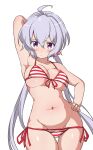  1girl ahoge arm_behind_head ass_visible_through_thighs bikini breasts chupirinko commentary_request cowboy_shot front-tie_top hair_ornament hair_scrunchie hand_on_hip highres large_breasts light_purple_hair long_hair looking_at_viewer low_twintails lowleg lowleg_bikini scrunchie senki_zesshou_symphogear side-tie_bikini simple_background solo striped striped_bikini swimsuit thigh_gap twintails violet_eyes white_background yukine_chris 
