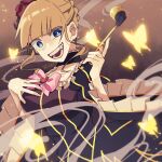  1girl beatrice_(umineko) blonde_hair blue_eyes bow braid braided_bun choker collarbone dress frilled_choker frilled_dress frills grin hair_ornament highres kiseru momotarekawa pink_bow pipe puffy_sleeves smile smoke_trail solo umineko_no_naku_koro_ni yellow_butterfly 