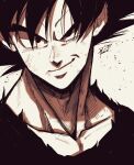  1boy bangs closed_mouth collarbone dragon_ball dragon_ball_z greyscale hair_between_eyes highres looking_at_viewer male_focus monochrome portrait shirt short_hair signature simple_background sketch smile solo son_goku spiky_hair sumutemu v-shaped_eyebrows 