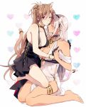  2girls amazuki_jou animal_ears azur_lane barefoot black_gloves body_markings breasts cat_ears cat_tail center_opening cocktail_dress dress evening_gown extra_ears facial_mark forehead_mark gloves gold_bracelet gold_choker half_gloves halter_dress high-waist_sideboob highres jean_bart_(uninhibited_bloodstone)_(azur_lane) light_brown_hair massachusetts_(dressed_to_impress)_(azur_lane) multiple_girls native_american red_eyes tail thighlet white_hair yuri 