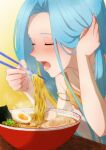  1girl blue_hair blush bowl chopsticks closed_eyes dress eating food fumita_grbl granblue_fantasy hair_tucking holding holding_chopsticks jewelry lyria_(granblue_fantasy) noodles portrait ramen solo white_dress 