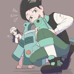  1boy 1girl ? arupaka_(user_nkxd4384) beanie black_hair blush boots bronzong closed_mouth commentary_request hikari_(pokemon) gen_4_pokemon green_eyes green_hair green_pants hair_ornament hairclip half-closed_eyes hat leaning_forward long_hair multicolored_hair open_mouth pants pink_footwear pokemon pokemon_(creature) pokemon_(game) pokemon_dppt pokemon_platinum scarf shoes squatting standing teeth thorton_(pokemon) tongue two-tone_hair white_headwear white_legwear white_scarf 