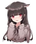  1girl aiko_(kanl) animal_ears animal_hood black_hair bunny_hood buttons cat_ears cropped_torso extra_ears floppy_ears frown grey_jacket hands_up hood hood_down hooded_jacket jacket long_hair long_sleeves looking_at_viewer open_mouth original rabbit_ears red_eyes sidelocks simple_background sleeves_past_wrists solo wavy_mouth white_background 