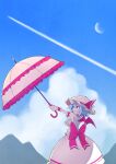 1girl asameshi back_bow bat_wings blue_hair bow clouds commentary cowboy_shot from_side grin hat hat_ribbon highres holding holding_umbrella mob_cap moon mountainous_horizon outdoors outstretched_arm pink_headwear pink_shirt pink_skirt pink_umbrella pointy_ears red_bow red_eyes red_ribbon remilia_scarlet ribbon shirt short_hair skirt smile solo touhou umbrella wings wrist_cuffs 