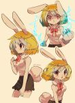  1girl angry animal_ears black_skirt blonde_hair blush bow breasts bunny_tail carrot_(one_piece) electricity highres long_hair medium_breasts multiple_views one_piece open_mouth rabbit_ears rabbit_girl skirt sleeveless smile tail tokuura 