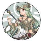  1girl armlet armor bare_shoulders belt belt_buckle bracelet brown_belt buckle circlet closed_mouth collarbone detached_wings green_hair halo holding holding_polearm holding_weapon jewelry kid_icarus long_hair necklace nishikuromori palutena pauldrons polearm red_eyes shield shoulder_armor simple_background single_pauldron solo super_smash_bros. vambraces weapon white_background wings 