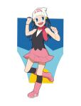  1girl beanie black_legwear black_shirt blue_eyes blue_hair boots breasts hikari_(pokemon) gehi hair_ornament hat highres holding long_hair looking_at_viewer open_mouth pink_footwear pink_skirt pokemon pokemon_(game) pokemon_dppt scarf shirt skirt sleeveless sleeveless_shirt smile solo 