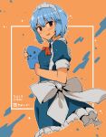  1girl :d back_bow blue_dress blue_hair blush bow bowtie cowboy_shot dated dress from_behind grey_bow looking_at_viewer looking_back maid maid_headdress nise_(basilsis) open_mouth orange_background original puffy_short_sleeves puffy_sleeves red_bow red_eyes red_neckwear short_hair short_sleeves smile solo turning_head 